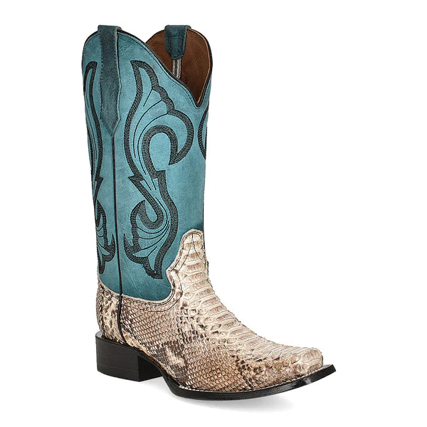 Circle G Ladies Natural Python & Turquoise Embroidered Square Toe Boot L5906