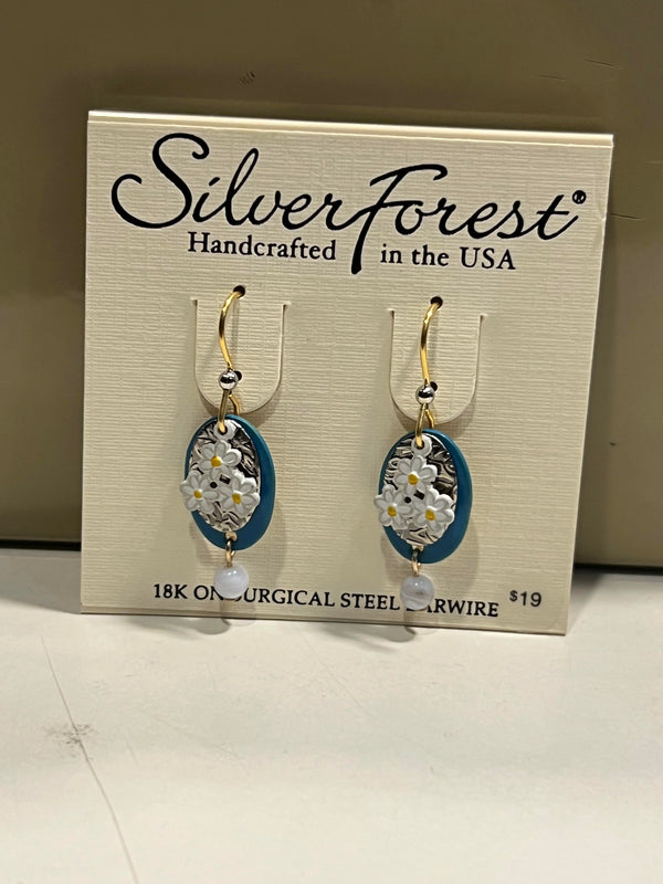 Silver Forest Oval Wildflowers and Drop Earrings-NE1885B